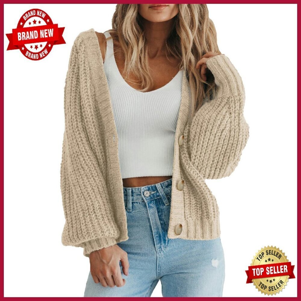 Chunky Knit Open Front Cardigan, Oversized Fit, Button Detail, Long Sleeve
